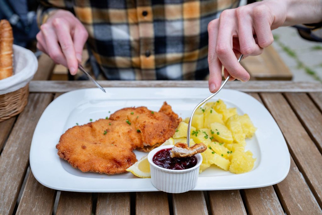 Traditional schnitzel with potatoes and cranberry sauce