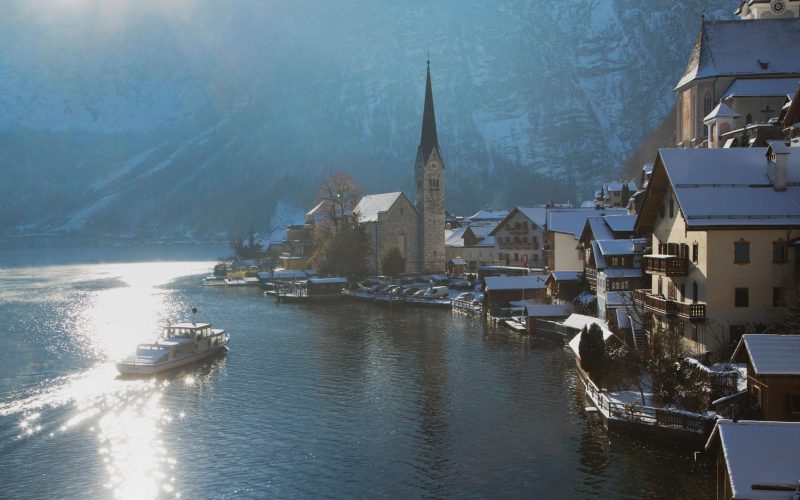 Village at sunrise, Hallstatt, Austria
