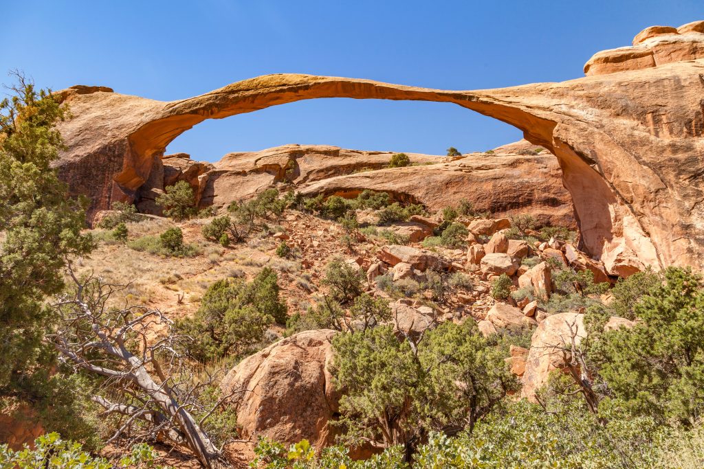 Landscape Arch in Arches National Park showing long thin sandstone formation